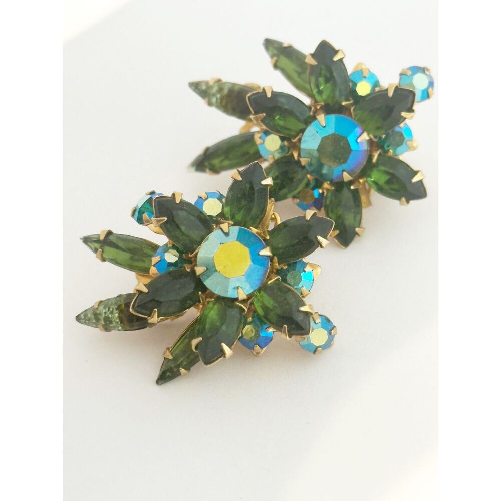 Vintage BeauJewels Rhinestone Clip On Earrings Aurora Borealis Green Marquise